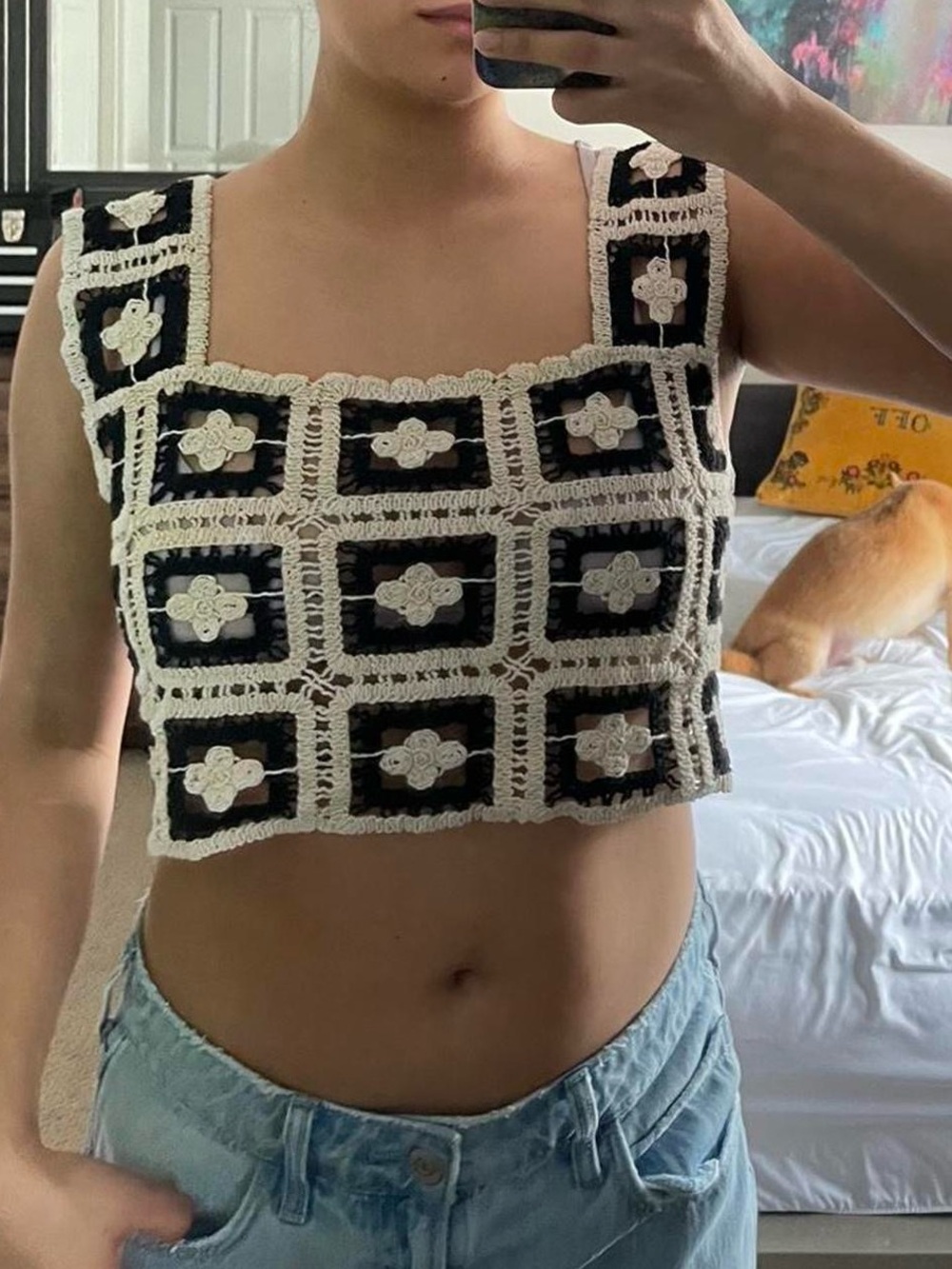 Black and white crochet crop top